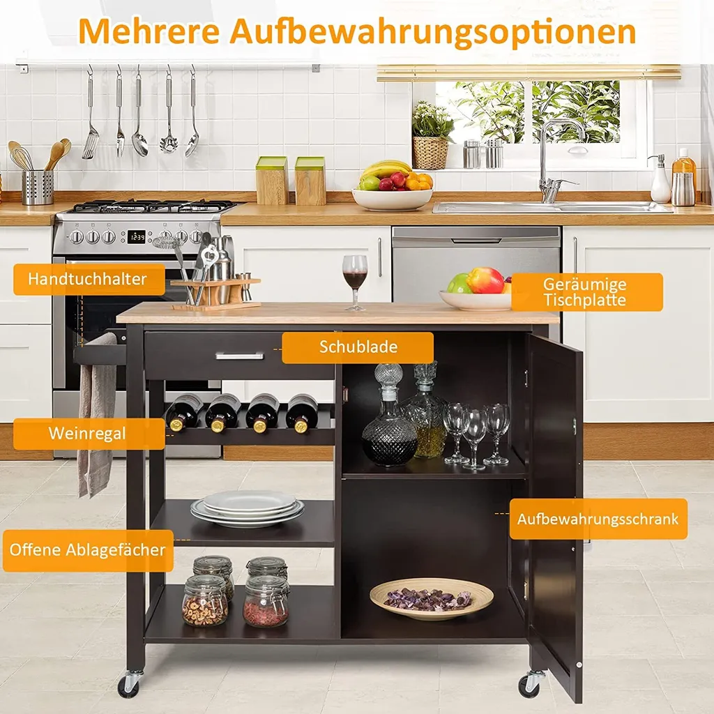 COSTWAY Küchenwagen Auf Rollen, Kücheninsel Mit Schublade, Weinregal, Offene Regale & Handtuchhalter, Platzsparender Servierwagen, Für Küche, Esszimmer, Bar, Braun 3 COSTWAY Küchenwagen Auf Rollen, Kücheninsel Mit Schublade, Weinregal, Offene Regale & Handtuchhalter, Platzsparender Servierwagen, Für Küche, Esszimmer, Bar, Braun – Bild 3