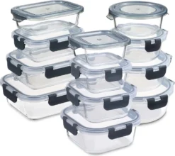 PIE LOCK Frischhaltedosen Set 24 Teilig - Frischhalte Dosen Glasdose Eckig Vorratsdosen - In Transparent Mit Grau Mikrowellengeeignete Frischhaltedose Essensbox Für Lebensmittel BPA-Frei