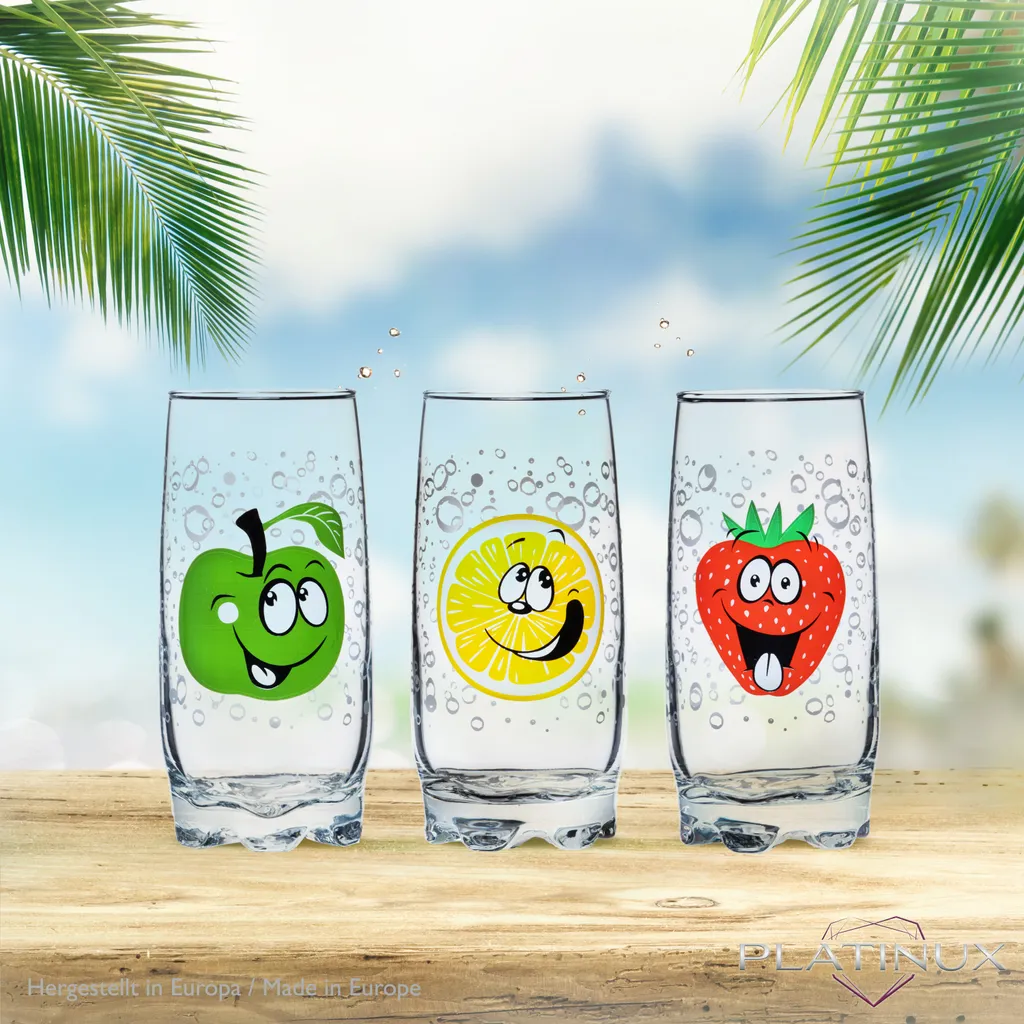 Trinkgläser Mit Lustigen Fruchtgesichtern 350ml (max. 400ml) Set 6 Teilig Aus Glas Bunt 2 Trinkgläser Mit Lustigen Fruchtgesichtern 350ml (max. 400ml) Set 6 Teilig Aus Glas Bunt – Bild 2