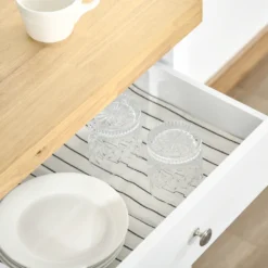 HOMCOM Küchenwagen Küchenrollwagen Servierwagen Mit Einer Schublade Geschlossenen Schrank Regalboden Und Handtuchhalter 4 Lenkrollen MDF Gummiholz Weiß+Eiche 63,5 X 40 X 90 Cm -Haushalts Verkauf 1a8c3fb35aa3181dc989edc0c01c1597