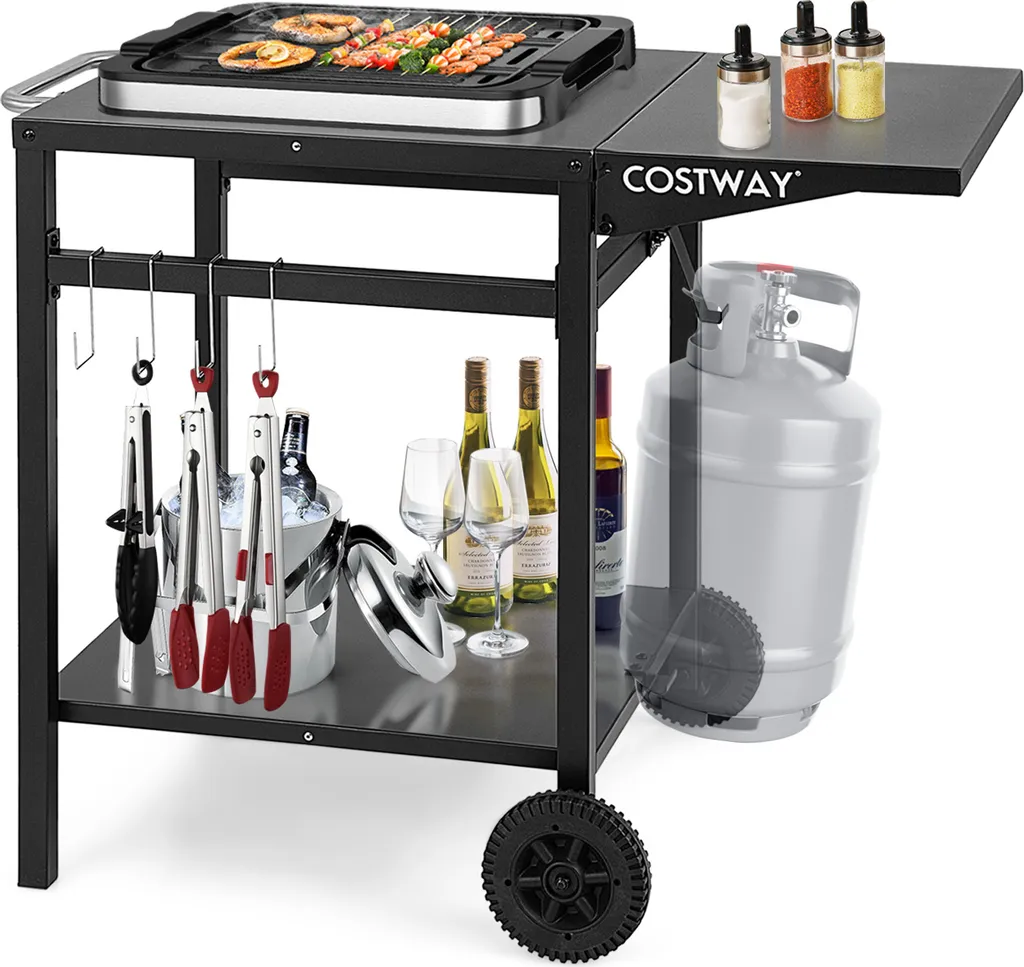 COSTWAY Grilltisch Mit Klappbarer Tischplatte, Beweglicher Campingtisch Mit 2 Ablagen & 4 Haken, Metall Grillwagen Für Außenbereich, Rollwagen Zum Grillen & Outdoorküche, Zubereitungswagen Schwarz 1 COSTWAY Grilltisch Mit Klappbarer Tischplatte, Beweglicher Campingtisch Mit 2 Ablagen & 4 Haken, Metall Grillwagen Für Außenbereich, Rollwagen Zum Grillen & Outdoorküche, Zubereitungswagen Schwarz