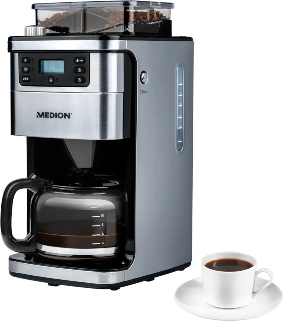MEDION MD 15486 Kaffeemaschine Mit Mahlwerk Und Glaskanne, Wassertank: 1,5 Liter, 8 Mahlstufen, Max. 1050 Watt, Silber, Edelstahl 4 MEDION MD 15486 Kaffeemaschine Mit Mahlwerk Und Glaskanne, Wassertank: 1,5 Liter, 8 Mahlstufen, Max. 1050 Watt, Silber, Edelstahl – Bild 4