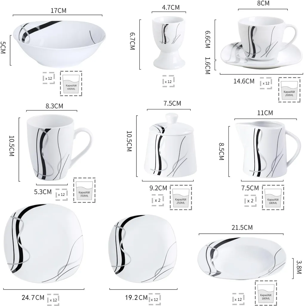 VEWEET, Serie 'Fiona', 100-teilig Porzellan Tafelservice Set, Kombiservice Mit Dessertteller, Speiseteller, Suppenteller, Müslischalen, Kaffeebecher, Kaffeetassen Set, Eierbecher, Milch- Und Zuckerset 2 VEWEET, Serie 'Fiona', 100-teilig Porzellan Tafelservice Set, Kombiservice Mit Dessertteller, Speiseteller, Suppenteller, Müslischalen, Kaffeebecher, Kaffeetassen Set, Eierbecher, Milch- Und Zuckerset – Bild 2