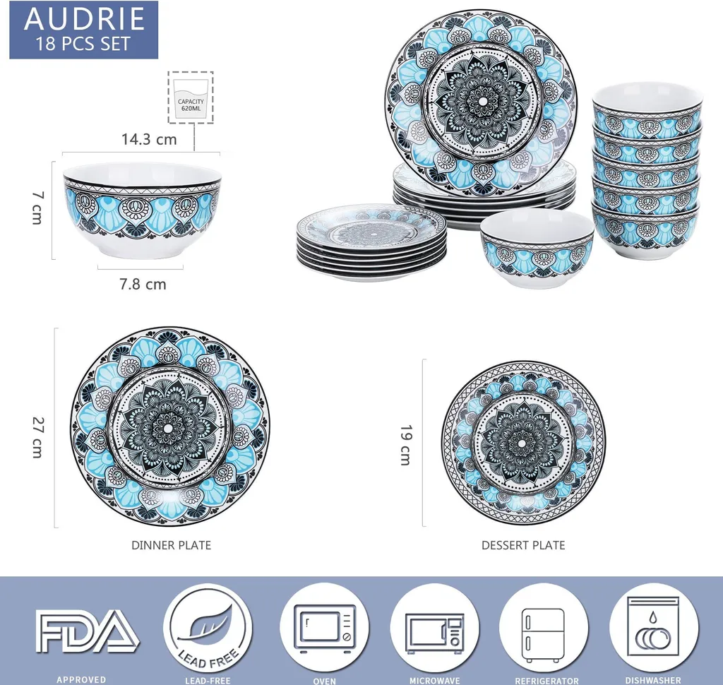 Tafelservice VEWEET, 18 Teiliges Geschirrset Aus Porzellan, AUDRIE Serie, Mit Je 6 Müslischale, Dessertteller Und Flachteller Für 6 Personen 2 Tafelservice VEWEET, 18 Teiliges Geschirrset Aus Porzellan, AUDRIE Serie, Mit Je 6 Müslischale, Dessertteller Und Flachteller Für 6 Personen – Bild 2