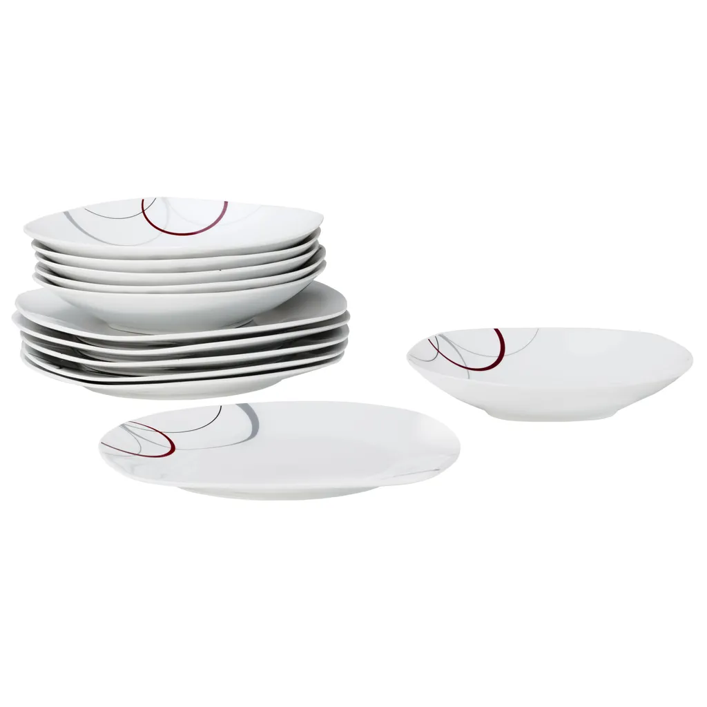 Tafelservice Palazzo 12tlg. - Weiß MitNachbildung-Kreisen In Grau Und Dunkelrot - Für 6 Personen 1 Tafelservice Palazzo 12tlg. - Weiß MitNachbildung-Kreisen In Grau Und Dunkelrot - Für 6 Personen