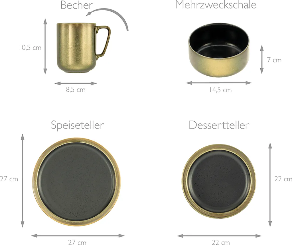 CreaTable 23592 Kombiservice Modern Industrial Für 4 Personen, Steinzeug, Schwarz/gold (1 Set, 16-teilig) 3 CreaTable 23592 Kombiservice Modern Industrial Für 4 Personen, Steinzeug, Schwarz/gold (1 Set, 16-teilig) – Bild 3