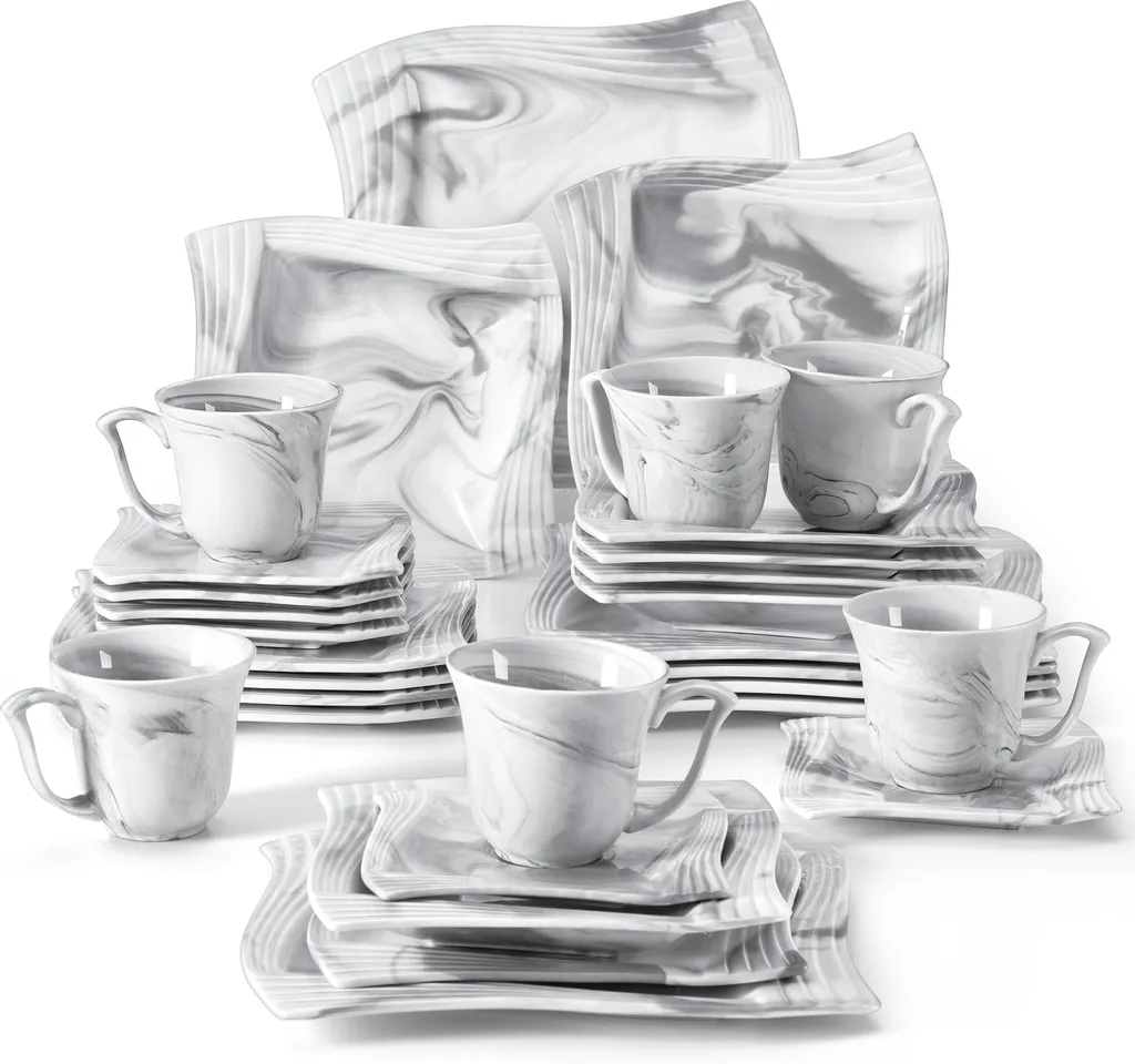 MALACASA, AMPARO 30 Tlg. Marmor Porzellan Geschirrset Kombiservice Tafelservice Mit Kaffeetassen, Unterteller, Dessertteller, Suppenteller, Speiseteller Für 6 Personen 1 MALACASA, AMPARO 30 Tlg. Marmor Porzellan Geschirrset Kombiservice Tafelservice Mit Kaffeetassen, Unterteller, Dessertteller, Suppenteller, Speiseteller Für 6 Personen