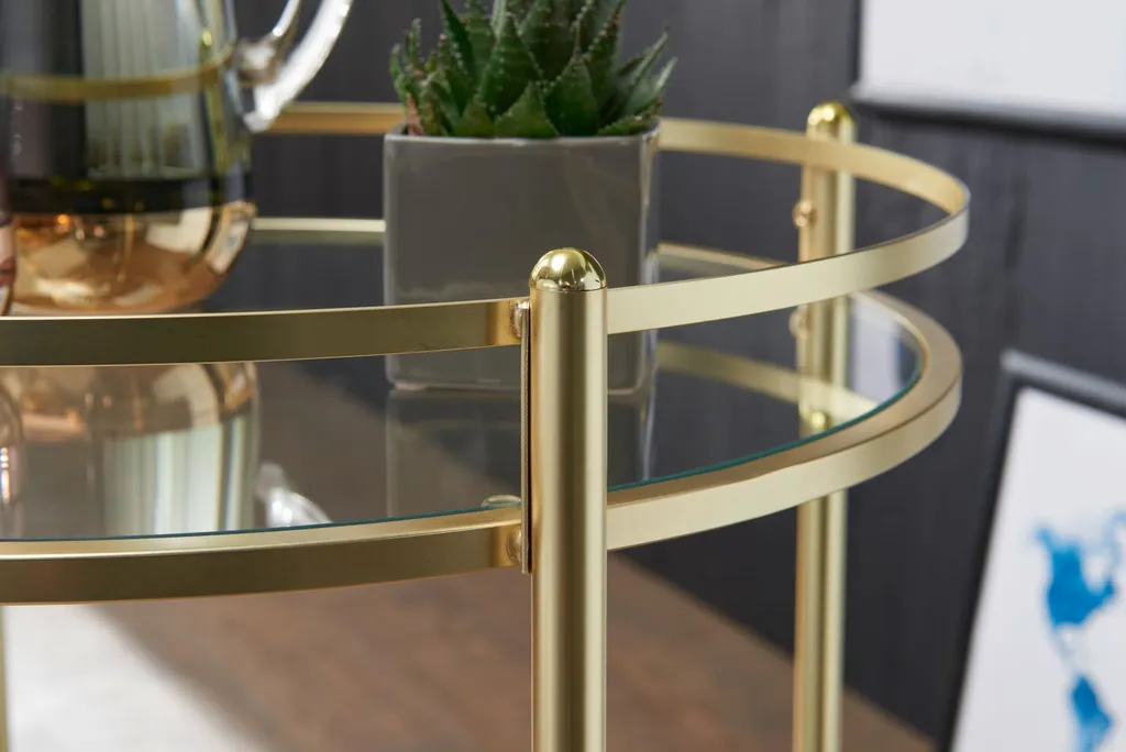 WOHNLING Design Servierwagen Gold Ø 57 Cm Beistelltisch | Teewagen Metall Mit Rollen | Küchenwagen Mit Glasplatten | Barwagen Rund 75 Cm Hoch | Küchentrolley Modern | Rollwagen 4 WOHNLING Design Servierwagen Gold Ø 57 Cm Beistelltisch | Teewagen Metall Mit Rollen | Küchenwagen Mit Glasplatten | Barwagen Rund 75 Cm Hoch | Küchentrolley Modern | Rollwagen – Bild 4