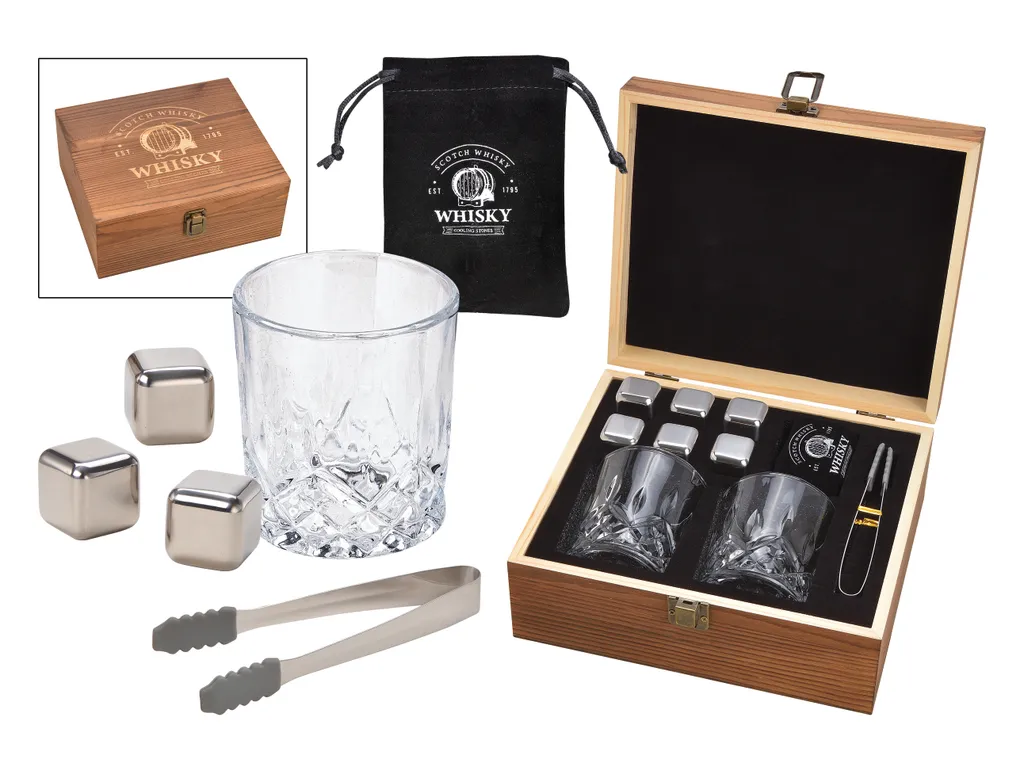 Whisky Geschenk-Set Mit 2 Gläsern, Eiswürfeln Aus Edelstahl, Zange, Samtbeutel In Einer Schönen Holzbox 1 Whisky Geschenk-Set Mit 2 Gläsern, Eiswürfeln Aus Edelstahl, Zange, Samtbeutel In Einer Schönen Holzbox