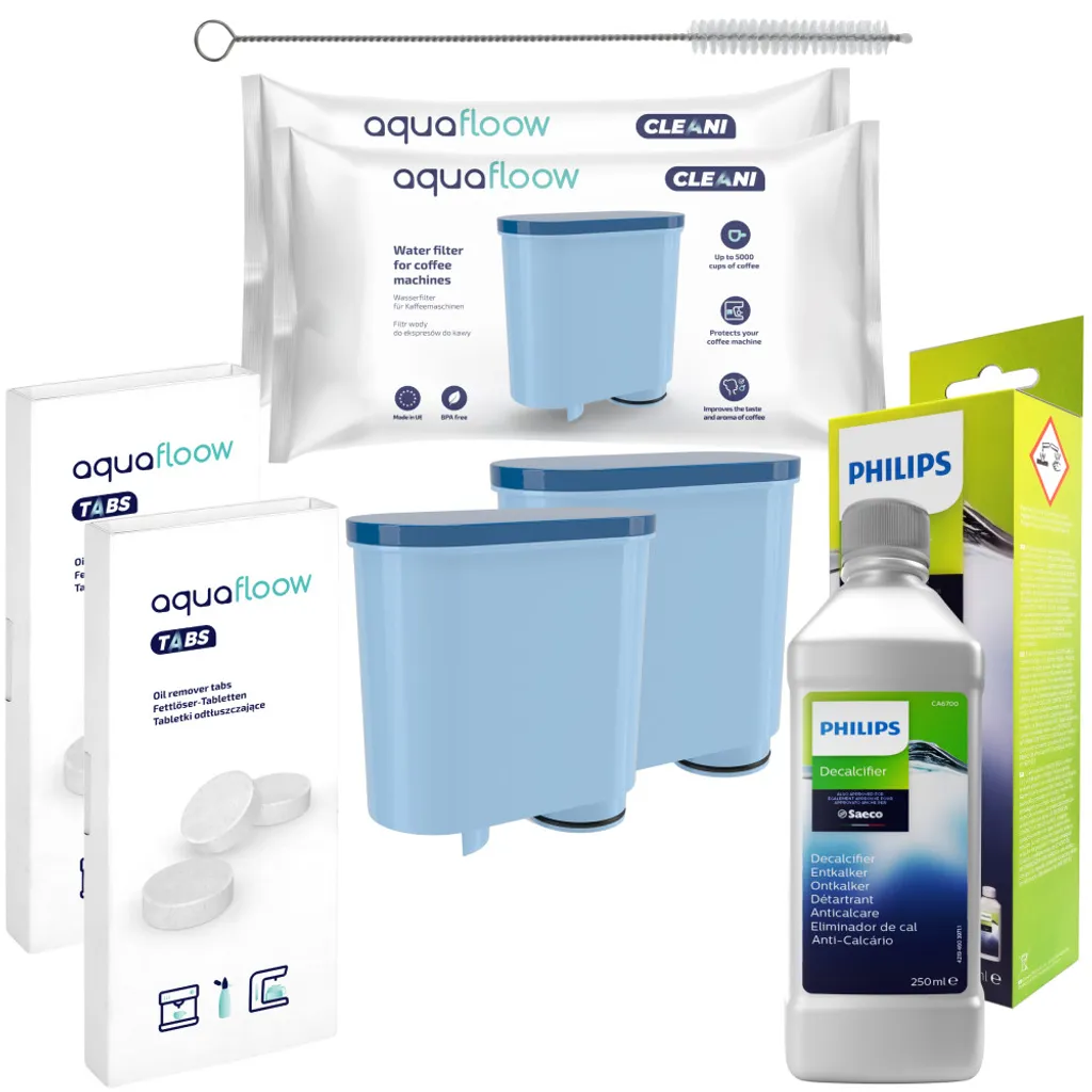 Set Für Philips/Saeco- 2x Aquafloow Wasserfilter, Philips CA6700/10 Entkalker, Reiniger, 2x Aquafloow Reinigungstabletten 10x2g 1 Set Für Philips/Saeco- 2x Aquafloow Wasserfilter, Philips CA6700/10 Entkalker, Reiniger, 2x Aquafloow Reinigungstabletten 10x2g