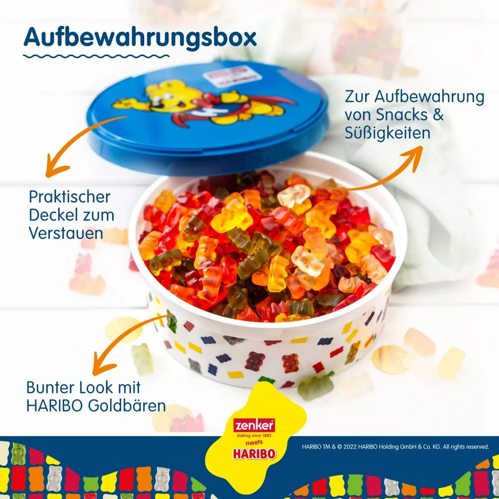 Zenker Haribo Vorratsdose Als Aufbewahrung Für Snacks Und Süßigkeiten Frischhaltedose Aus Kunststoff Mit Süßem Goldbär-Design Runde Dose Für Die Küche 3 Zenker Haribo Vorratsdose Als Aufbewahrung Für Snacks Und Süßigkeiten Frischhaltedose Aus Kunststoff Mit Süßem Goldbär-Design Runde Dose Für Die Küche – Bild 3
