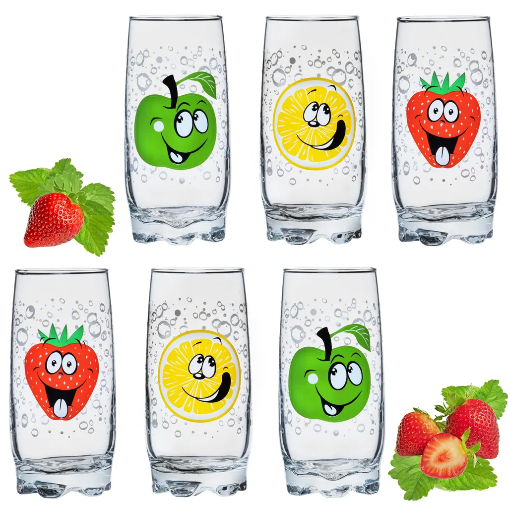 Trinkgläser Mit Lustigen Fruchtgesichtern 350ml (max. 400ml) Set 6 Teilig Aus Glas Bunt 1 Trinkgläser Mit Lustigen Fruchtgesichtern 350ml (max. 400ml) Set 6 Teilig Aus Glas Bunt