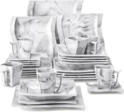 MALACASA, Serie Flora, 30 Tlg. Marmor Porzellan Geschirrset Kombiservice Tafelservice Mit Je 6 Kaffeetassen, 6 Untertassen, 6 Dessertteller, 6 Suppenteller Und 6 Flachteller