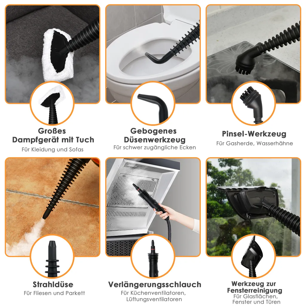COSTWAY Dampfreiniger Inkl. 9 Zubehör, Handdampfreiniger, Dampfreinigen Handgerät 3 Bar / 250ml / 1050W / 4min Aufheizzeit/für Teppiche, Vorhänge, Autositze, Küche (Orange) 3 COSTWAY Dampfreiniger Inkl. 9 Zubehör, Handdampfreiniger, Dampfreinigen Handgerät 3 Bar / 250ml / 1050W / 4min Aufheizzeit/für Teppiche, Vorhänge, Autositze, Küche (Orange) – Bild 3