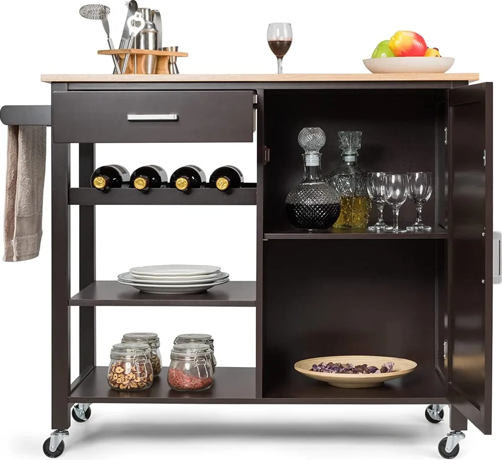 COSTWAY Küchenwagen Auf Rollen, Kücheninsel Mit Schublade, Weinregal, Offene Regale & Handtuchhalter, Platzsparender Servierwagen, Für Küche, Esszimmer, Bar, Braun 1 COSTWAY Küchenwagen Auf Rollen, Kücheninsel Mit Schublade, Weinregal, Offene Regale & Handtuchhalter, Platzsparender Servierwagen, Für Küche, Esszimmer, Bar, Braun