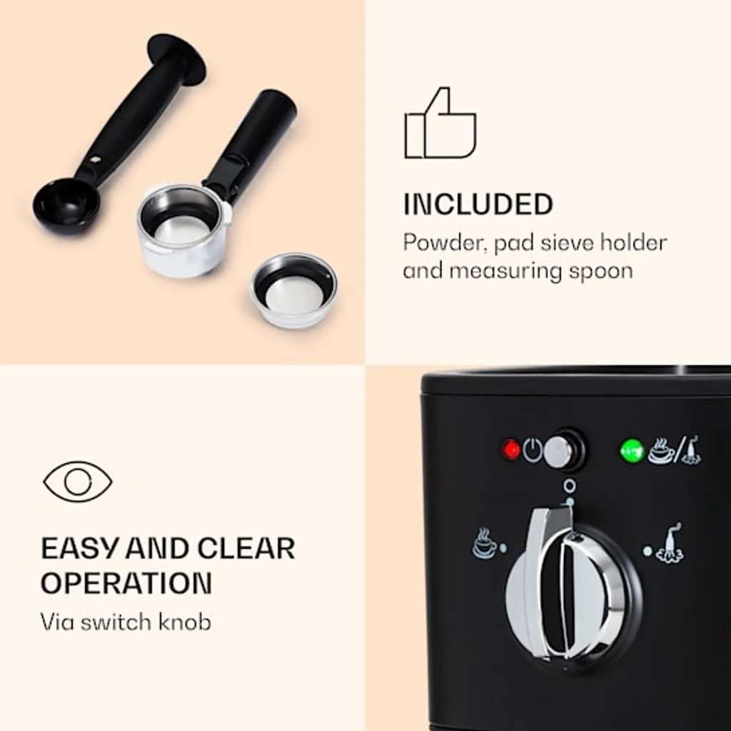 Klarstein Passionata 20 - Espressomaschine, Espresso-Automat, Kaffee-Maschine, 1350 Watt, 1,25 Liter, Automatischer Druckablass, Inkl. Milchschaum Düse Für Zubereitung Von Cappuccino, Schwarz 6 Klarstein Passionata 20 - Espressomaschine, Espresso-Automat, Kaffee-Maschine, 1350 Watt, 1,25 Liter, Automatischer Druckablass, Inkl. Milchschaum Düse Für Zubereitung Von Cappuccino, Schwarz – Bild 6