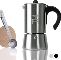 Thiru Espressokocher Induktion L Premium Mokkakanne Aus Edelstahl Inkl. Toolset (Silber, 4 Tassen (200ml))