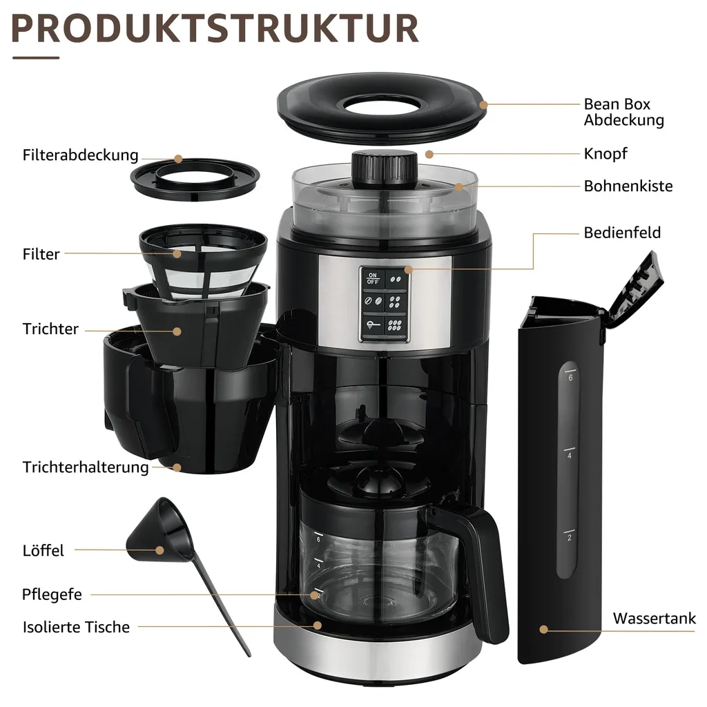Kompakte Kaffeemaschinen Mit Mahlwerk Filterkaffeemaschine Kaffeemaschine Mit Mühle Für Bohnenkaffee Und Kaffeepulver 2/4/6 Tassen, Schwarz 8 Kompakte Kaffeemaschinen Mit Mahlwerk Filterkaffeemaschine Kaffeemaschine Mit Mühle Für Bohnenkaffee Und Kaffeepulver 2/4/6 Tassen, Schwarz – Bild 8