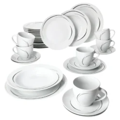 Mambo-Cat Kaffee-Tasse Porzellan-Becher Geschirr-Set SchĂŒssel Bowl-Schale Tafel-Zubehör Suppen-SchĂ€lchen Speise-Teller KĂ€se-Wurst Ess-Platte FrĂŒhstĂŒcks-Buffet Brunch Kuchen-Dessert Home Streifen-Grau Schwarz-Creme Kombi-Service Sechs-Personen