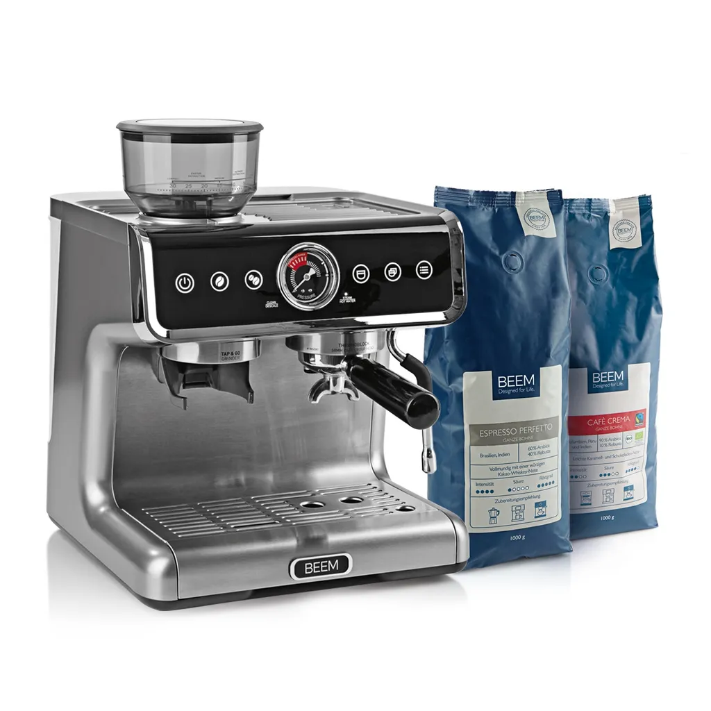 BEEM ESPRESSO-GRIND-PROFESSION Espresso-Siebträgermaschine Mit Mahlwerk + 1x ESPRESSO PERFETTO Ganze Bohne + 1x CAFÉ CREMA Ganze Bohne Espressomaschine Siebträger Maschine Barista Edelstahl Mit Mahlwerk Inkl Kaffee 1 BEEM ESPRESSO-GRIND-PROFESSION Espresso-Siebträgermaschine Mit Mahlwerk + 1x ESPRESSO PERFETTO Ganze Bohne + 1x CAFÉ CREMA Ganze Bohne Espressomaschine Siebträger Maschine Barista Edelstahl Mit Mahlwerk Inkl Kaffee
