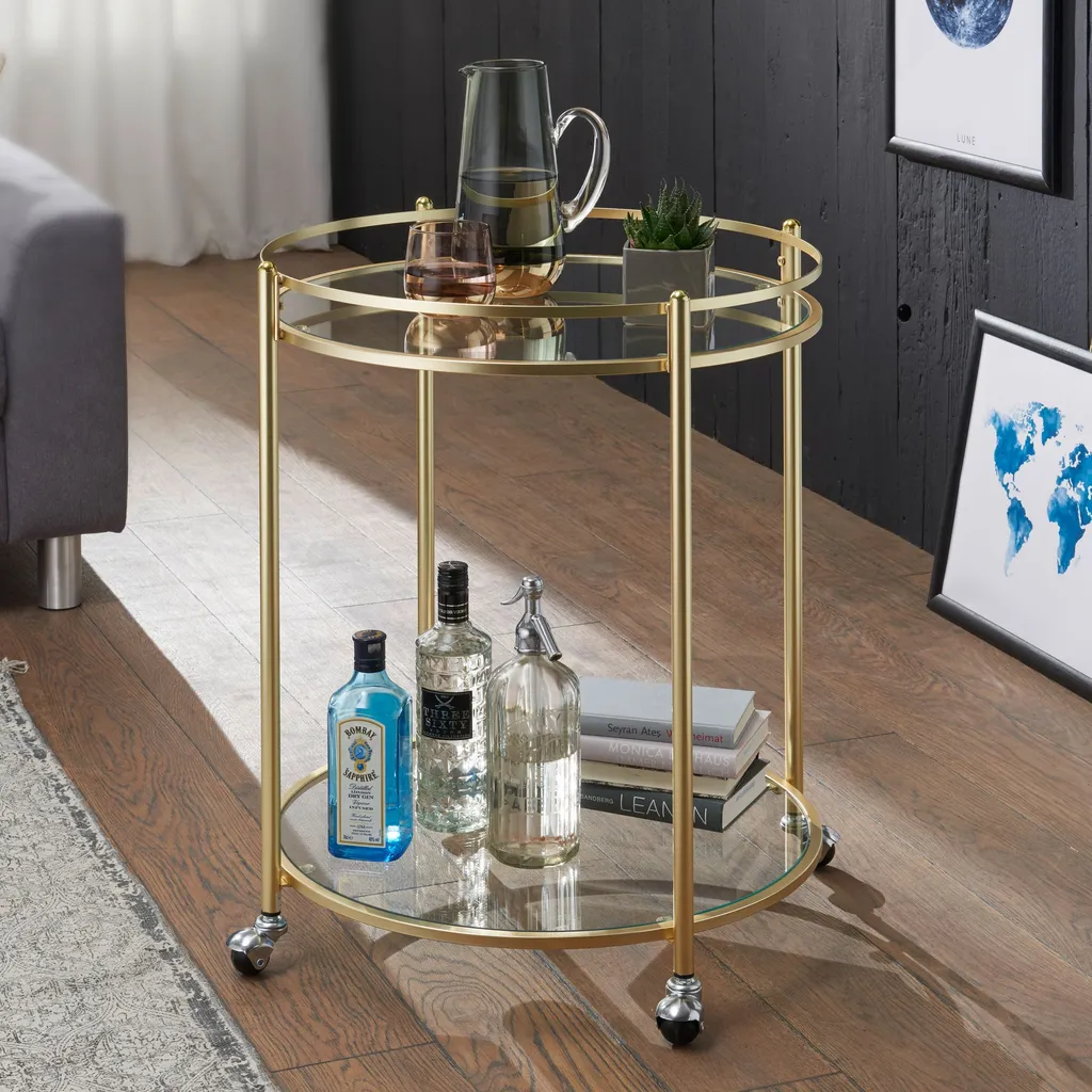 WOHNLING Design Servierwagen Gold Ø 57 Cm Beistelltisch | Teewagen Metall Mit Rollen | Küchenwagen Mit Glasplatten | Barwagen Rund 75 Cm Hoch | Küchentrolley Modern | Rollwagen 1 WOHNLING Design Servierwagen Gold Ø 57 Cm Beistelltisch | Teewagen Metall Mit Rollen | Küchenwagen Mit Glasplatten | Barwagen Rund 75 Cm Hoch | Küchentrolley Modern | Rollwagen