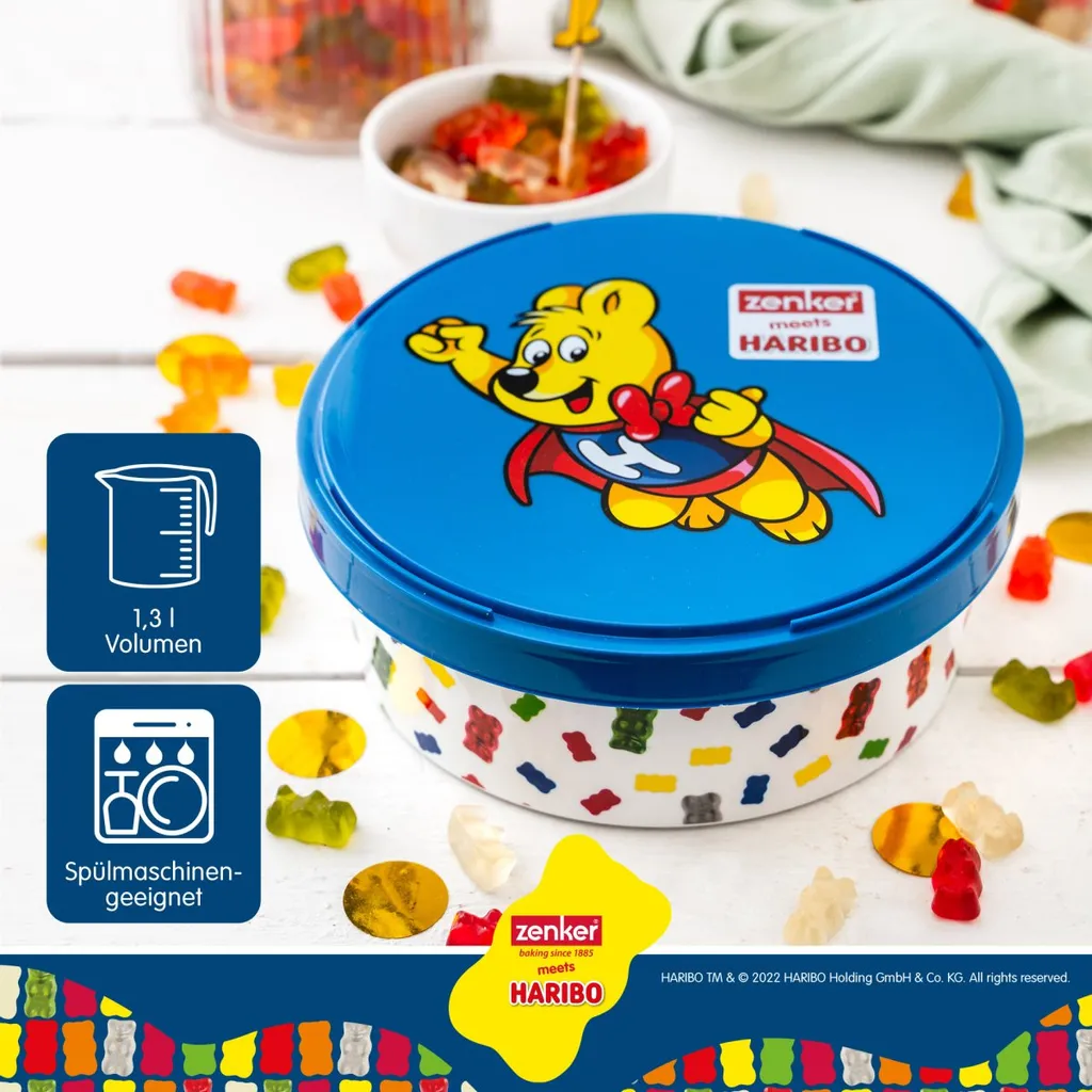 Zenker Haribo Vorratsdose Als Aufbewahrung Für Snacks Und Süßigkeiten Frischhaltedose Aus Kunststoff Mit Süßem Goldbär-Design Runde Dose Für Die Küche 2 Zenker Haribo Vorratsdose Als Aufbewahrung Für Snacks Und Süßigkeiten Frischhaltedose Aus Kunststoff Mit Süßem Goldbär-Design Runde Dose Für Die Küche – Bild 2
