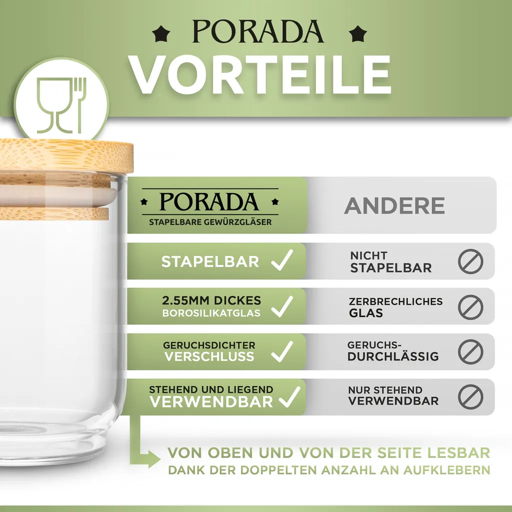 PORADA 12 Stapelbare Gewürzgläser Set 150ml Glasbehälter Mit Deckel Aufbewahrung Küche Gewürzdosen Vorratsdosen Glas Mit Deckel Aufbewahrungsgläser Küchenorganisation Aufbewahrung… 3 PORADA 12 Stapelbare Gewürzgläser Set 150ml Glasbehälter Mit Deckel Aufbewahrung Küche Gewürzdosen Vorratsdosen Glas Mit Deckel Aufbewahrungsgläser Küchenorganisation Aufbewahrung… – Bild 3