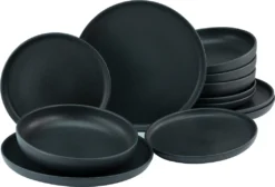CreaTable 22979 Tafelservice Uno BLACK Für 4 Personen, Steinzeug, Schwarz (1 Set, 12-teilig)