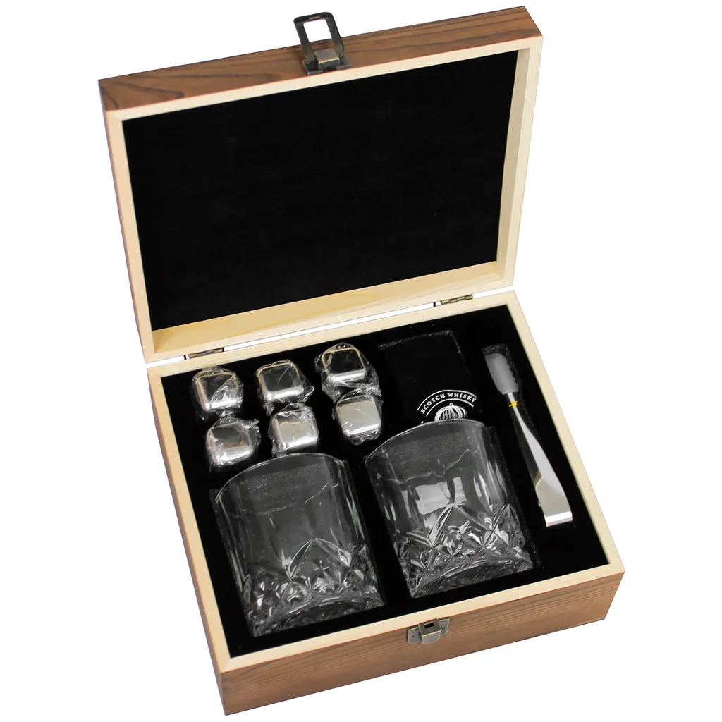 Whisky Geschenk-Set Mit 2 Gläsern, Eiswürfeln Aus Edelstahl, Zange, Samtbeutel In Einer Schönen Holzbox 5 Whisky Geschenk-Set Mit 2 Gläsern, Eiswürfeln Aus Edelstahl, Zange, Samtbeutel In Einer Schönen Holzbox – Bild 5