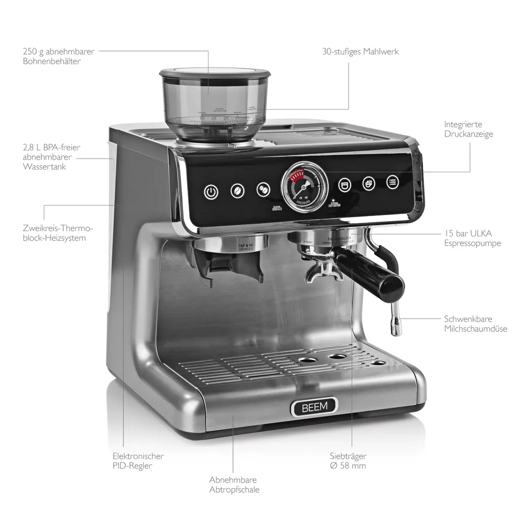 BEEM ESPRESSO-GRIND-PROFESSION Espresso-Siebträgermaschine Mit Mahlwerk + 1x ESPRESSO PERFETTO Ganze Bohne + 1x CAFÉ CREMA Ganze Bohne Espressomaschine Siebträger Maschine Barista Edelstahl Mit Mahlwerk Inkl Kaffee 4 BEEM ESPRESSO-GRIND-PROFESSION Espresso-Siebträgermaschine Mit Mahlwerk + 1x ESPRESSO PERFETTO Ganze Bohne + 1x CAFÉ CREMA Ganze Bohne Espressomaschine Siebträger Maschine Barista Edelstahl Mit Mahlwerk Inkl Kaffee – Bild 4