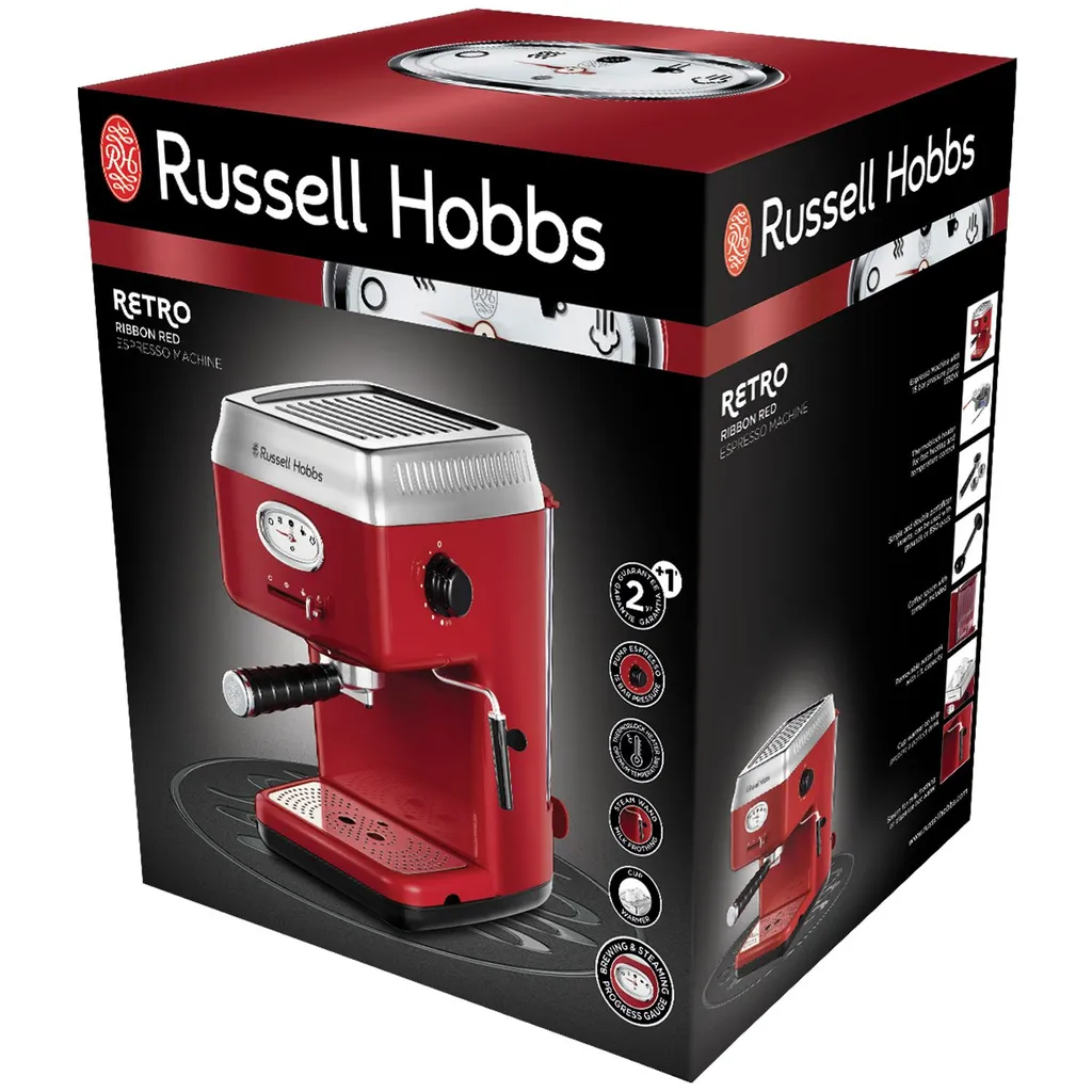 Russell Hobbs Espressomaschine Retro Rot Siebträger (15 Bar, 2 Tassen-Einsätze, 1,1l Abnehmbarer Wassertank, Dampf-Milchschaumdüse, Portionierlöffel Mit Tamper) Kaffeemaschine 4 Russell Hobbs Espressomaschine Retro Rot Siebträger (15 Bar, 2 Tassen-Einsätze, 1,1l Abnehmbarer Wassertank, Dampf-Milchschaumdüse, Portionierlöffel Mit Tamper) Kaffeemaschine – Bild 4