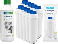 Espressomaschinen-Set: 10x Wessper AquaLunga Wasserfilterpatrone FĂŒr DeLonghi Espressomaschinen (SER3017 DLS C002) + Wessper CleanMax 500ml Entkalker