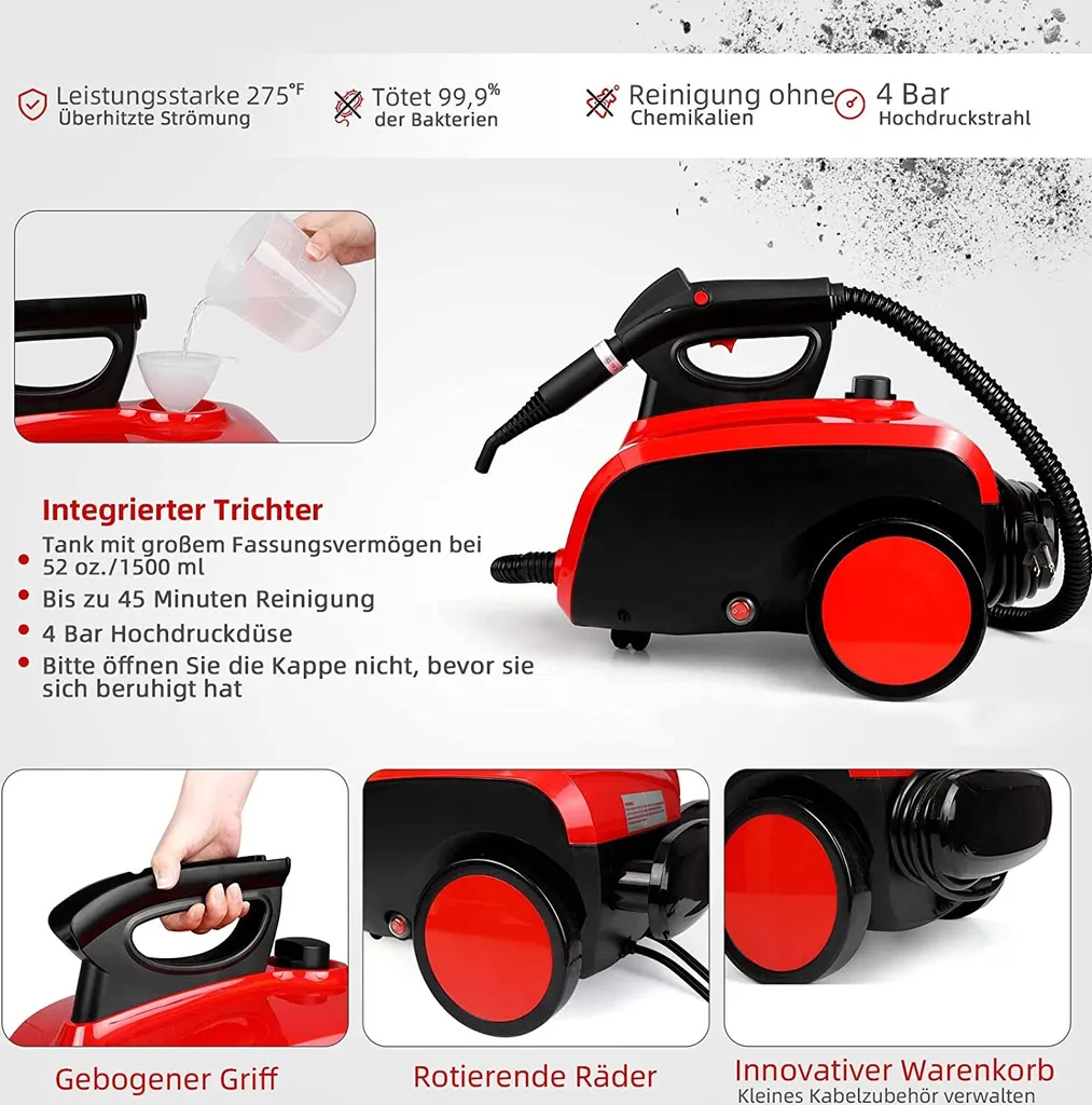 Dampfreiniger, Multifunktions-Dampfreiniger 1500W 1,5L Wassertank, 4,87m Netzkabel, Mit 18 Zubehörteilen, Geeignet Für Fußböden, Autositze, Matratzen, Küchen, Badezimmer, Fenster, Teppiche Usw 6 Dampfreiniger, Multifunktions-Dampfreiniger 1500W 1,5L Wassertank, 4,87m Netzkabel, Mit 18 Zubehörteilen, Geeignet Für Fußböden, Autositze, Matratzen, Küchen, Badezimmer, Fenster, Teppiche Usw – Bild 6