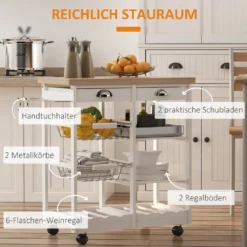 HOMCOM Küchenwagen Servierwagen Mit Ausziehbarem Korb Schublade Küchenrollwagen Weinablage Küchentrolley Holz Weiß 74 X 37 X 76 Cm -Haushalts Verkauf c07fc1deea3fbcd7afd96d03a9497252