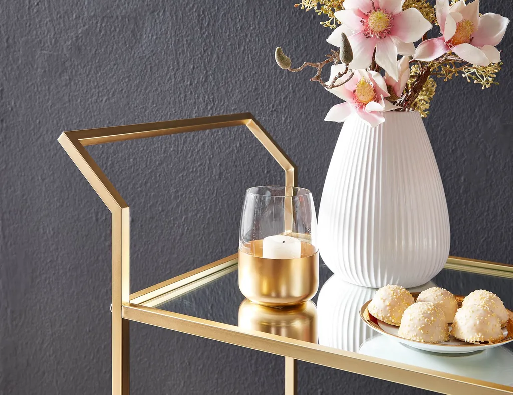 WOHNLING Design Servierwagen Gold 73x78x37 Cm Küchenwagen Glas / Metall | Mobiler Beistelltisch | Speisewagen Mit Glasplatte | Teewagen Mini Bar Auf 4 Rollen 5 WOHNLING Design Servierwagen Gold 73x78x37 Cm Küchenwagen Glas / Metall | Mobiler Beistelltisch | Speisewagen Mit Glasplatte | Teewagen Mini Bar Auf 4 Rollen – Bild 5