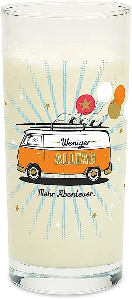 Trinkglas Motiv BUS "Weniger Alltag, Mehr Abenteuer" - 500ml 1 Trinkglas Motiv BUS "Weniger Alltag, Mehr Abenteuer" - 500ml