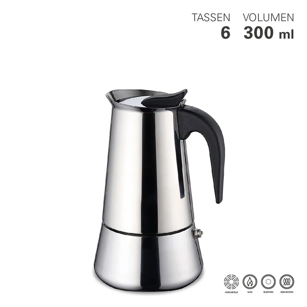 Edelstahl Espressokocher 6 Tassen Mokkakanne Induktion Sicherheitsventil 300 Ml 1 Edelstahl Espressokocher 6 Tassen Mokkakanne Induktion Sicherheitsventil 300 Ml