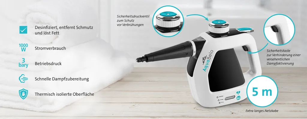 ETA AQUABELO Handdampfreiniger ETA126490000, 1000 W , Betriebsdruck 3 Bar, Dampf In 2-3 Minuten, Wassertankvolumen 220 Ml, Kabellänge 5 M 3 ETA AQUABELO Handdampfreiniger ETA126490000, 1000 W , Betriebsdruck 3 Bar, Dampf In 2-3 Minuten, Wassertankvolumen 220 Ml, Kabellänge 5 M – Bild 3