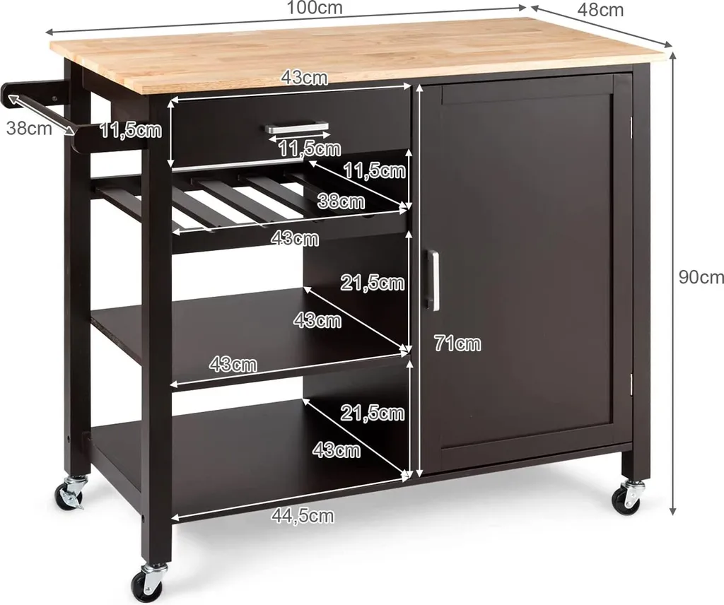 COSTWAY Küchenwagen Auf Rollen, Kücheninsel Mit Schublade, Weinregal, Offene Regale & Handtuchhalter, Platzsparender Servierwagen, Für Küche, Esszimmer, Bar, Braun 7 COSTWAY Küchenwagen Auf Rollen, Kücheninsel Mit Schublade, Weinregal, Offene Regale & Handtuchhalter, Platzsparender Servierwagen, Für Küche, Esszimmer, Bar, Braun – Bild 7