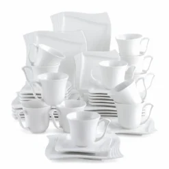 MALACASA, Serie Amparo, 36 Teilig Set Cremeweiß Porzellan Kaffeeservice Dessertteller Kaffeetasse Mit Untertasse