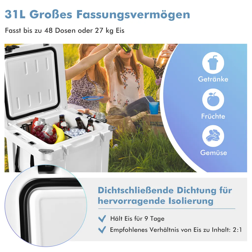 COSTWAY 31L Kühlbox Strapazierfähig Kühler Mit Korb & Getränkehalter Griffen & Fischlineal Eiskühler Tragbar Kälte Bis 9 Tage Weiß 3 COSTWAY 31L Kühlbox Strapazierfähig Kühler Mit Korb & Getränkehalter Griffen & Fischlineal Eiskühler Tragbar Kälte Bis 9 Tage Weiß – Bild 3