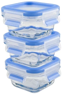 EMSA Clip & Close Glas, Set, Quadratisch, 0,2 L, Blau, Transparent, Polypropylen (PP), Thermoplastisches Elastomer (TPE), Deutschland