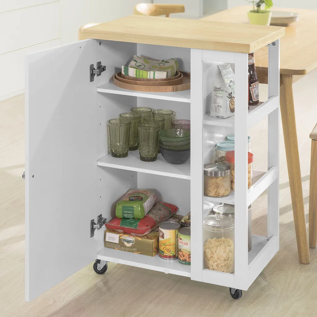 SoBuy FKW75-WN Küchenwagen Servierwagen Beistellwagen Rollwagen Mit 1 Tür Und 3 Regalböden Weiß-Natur BHT Ca.: 60x90x40cm 2 SoBuy FKW75-WN Küchenwagen Servierwagen Beistellwagen Rollwagen Mit 1 Tür Und 3 Regalböden Weiß-Natur BHT Ca.: 60x90x40cm – Bild 2