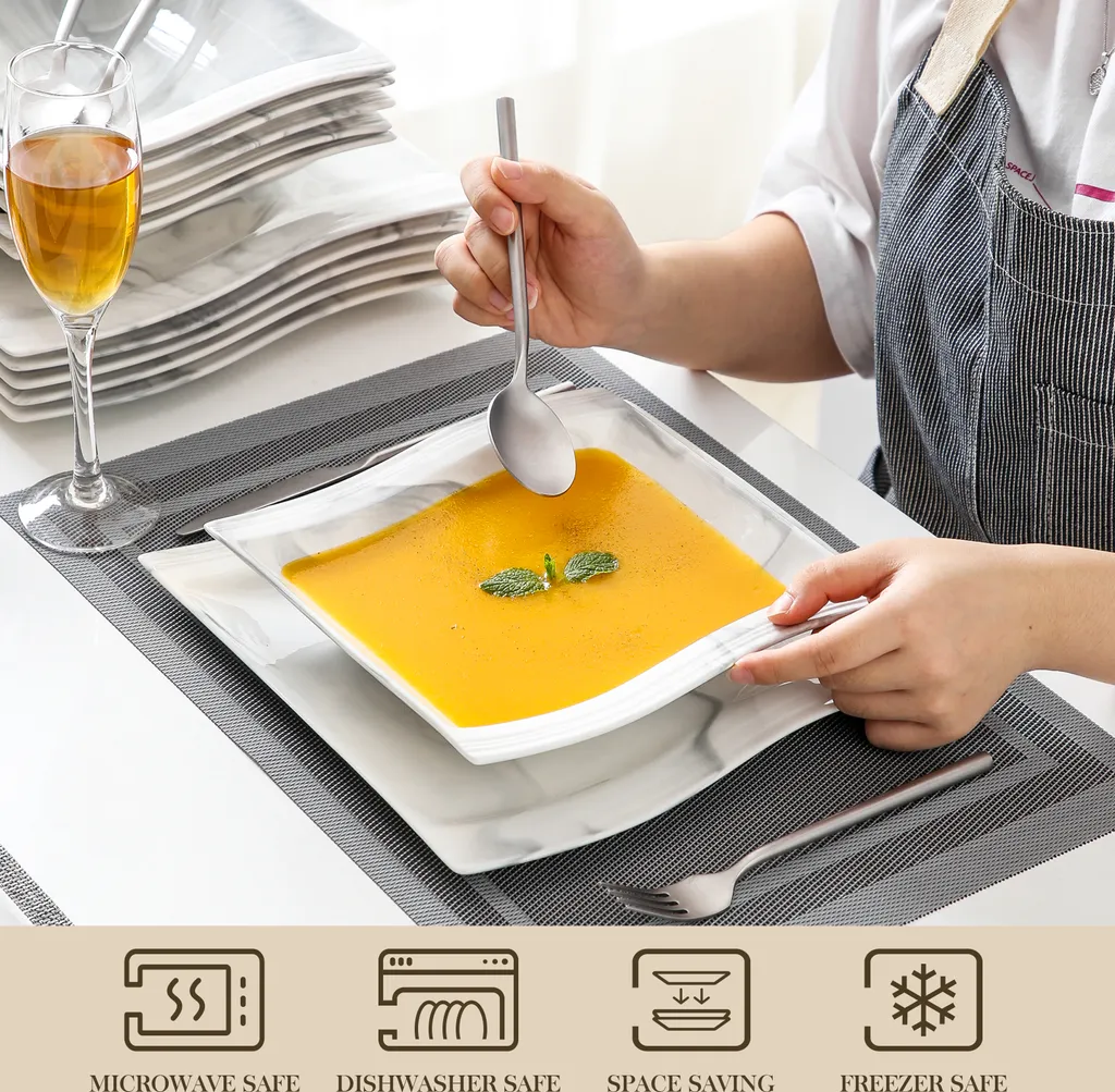 MALACASA, Serie Flora, Marmor Porzellan Tafelservice 12 Teiligen Set Kombiservice Geschirrset Mit Je 6 Speiseteller Und 6 Suppenteller Für 6 Personen 3 MALACASA, Serie Flora, Marmor Porzellan Tafelservice 12 Teiligen Set Kombiservice Geschirrset Mit Je 6 Speiseteller Und 6 Suppenteller Für 6 Personen – Bild 3