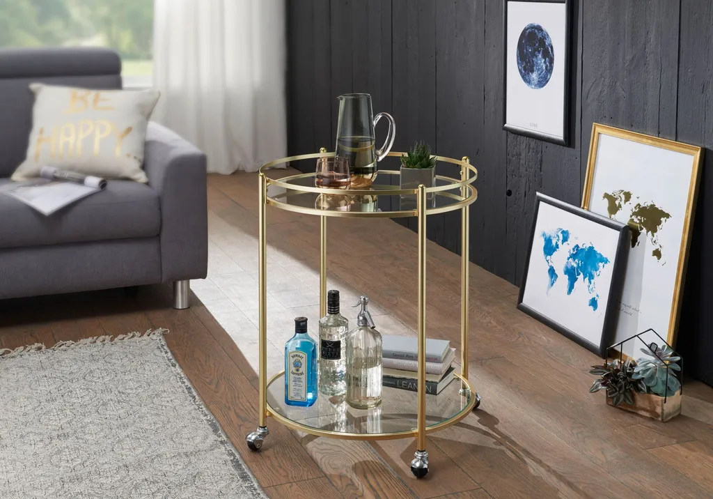 WOHNLING Design Servierwagen Gold Ø 57 Cm Beistelltisch | Teewagen Metall Mit Rollen | Küchenwagen Mit Glasplatten | Barwagen Rund 75 Cm Hoch | Küchentrolley Modern | Rollwagen 2 WOHNLING Design Servierwagen Gold Ø 57 Cm Beistelltisch | Teewagen Metall Mit Rollen | Küchenwagen Mit Glasplatten | Barwagen Rund 75 Cm Hoch | Küchentrolley Modern | Rollwagen – Bild 2