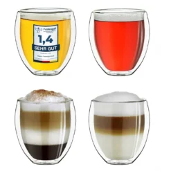 Creano Doppelwandige Gläser 400ml „DG-Bauchig“, 4er Set, Großes Thermoglas Doppelwandig Aus Borosilikatglas, Kaffeegläser, Teegläser, Latte Gläser, Doppelwandgläser